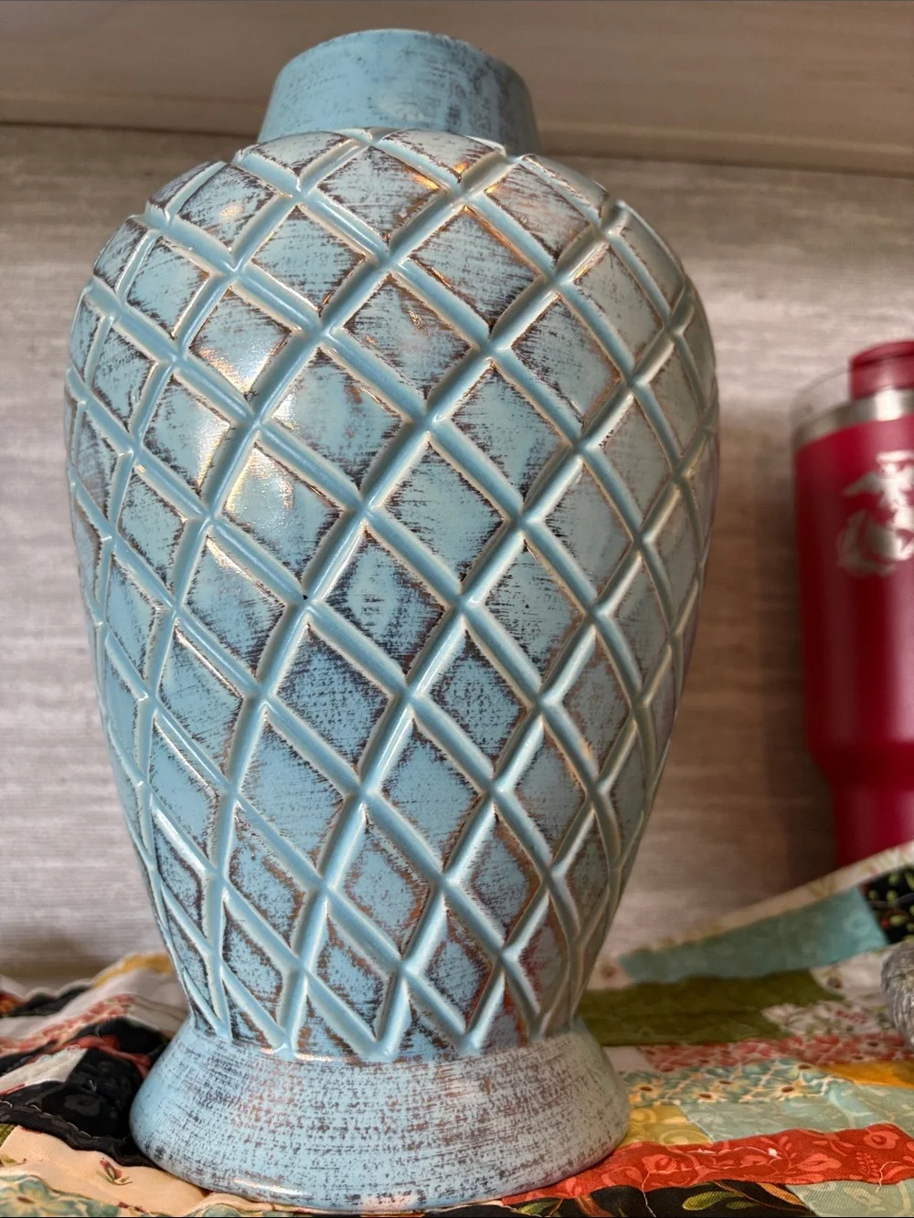 Vintage Decorative Ceramic Vase Aqua W Gold Sheen Overglaze Cross Hatch Pattern - Picture 3 of 4
